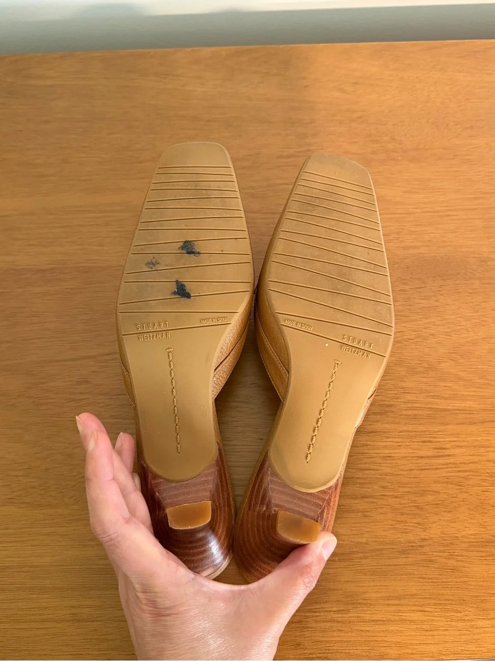 Women's Tan Leather Knot Mule kitten heels - vintage Stuart Weitzman slip - Picture 5 of 6
